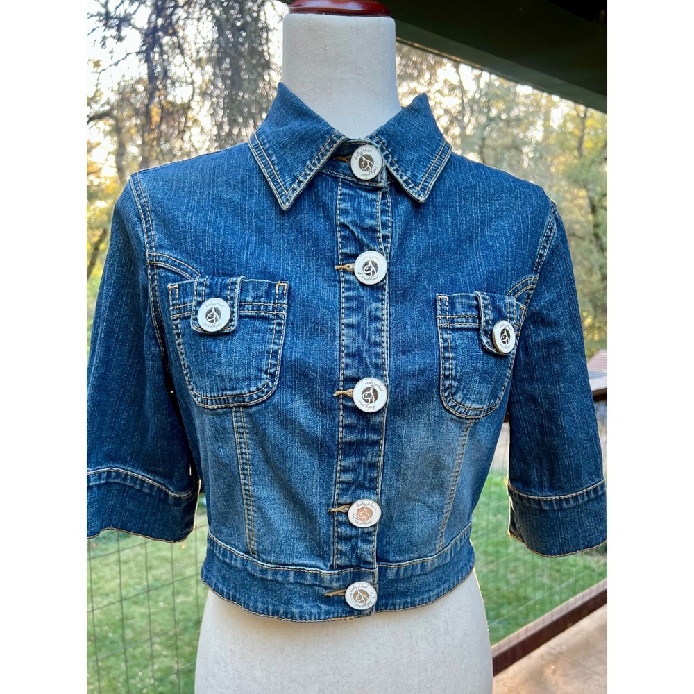 Baby Phat Vintage Y2K Cropped Denim Jacket Blue Short Sleeve Graphic Cat Large